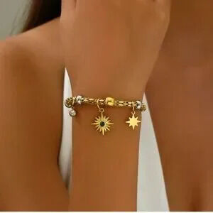 Gold Plated Stainless Steel Sun & Star Charm Bracelet |Celestial Pendant Jewelry